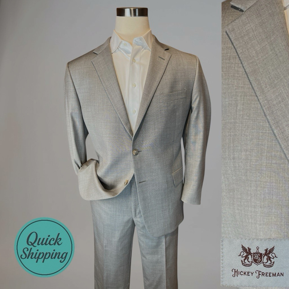 Hickey Freeman 44-46R 40x28 Beige Gray Classic Wool Suit USA